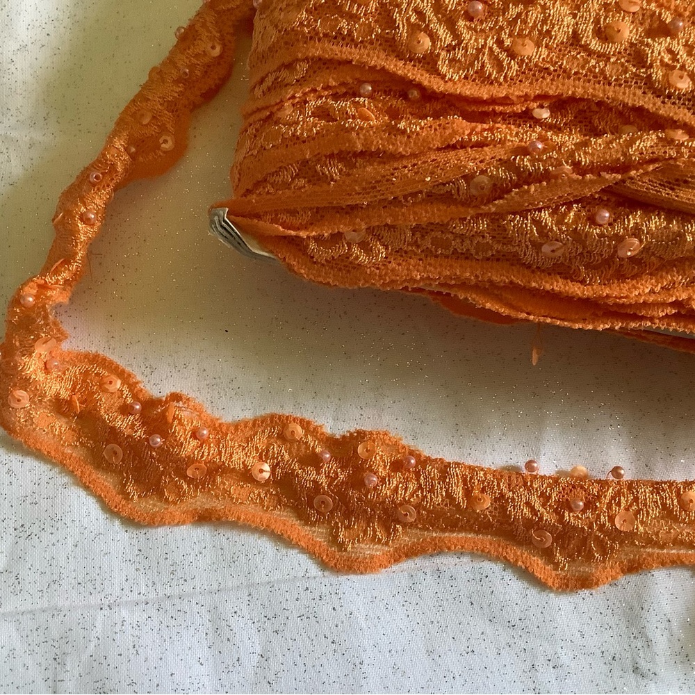 Bright Orange sequins beads lace trim 10 yards Stretchy lace Sewing supplies